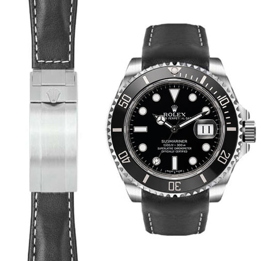 Curved End Leather Strap for Rolex Submariner Ceramic Deployant