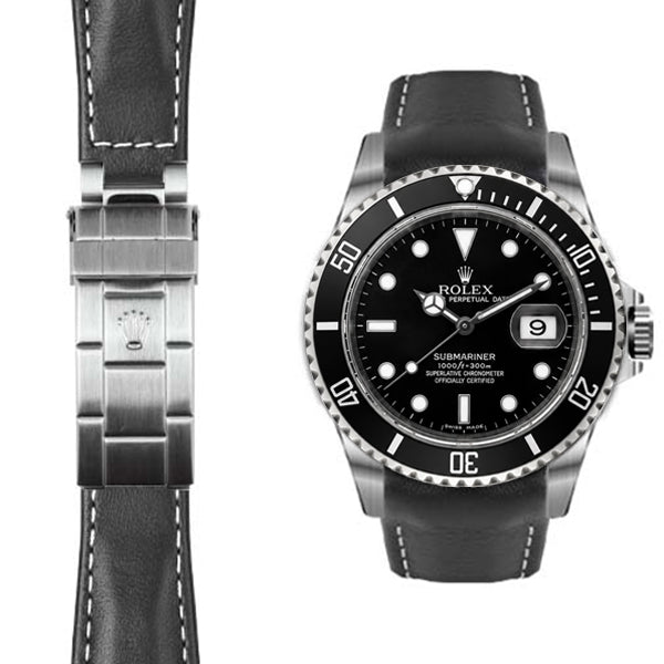 Curved End Leather Strap for Rolex Submariner Deployant