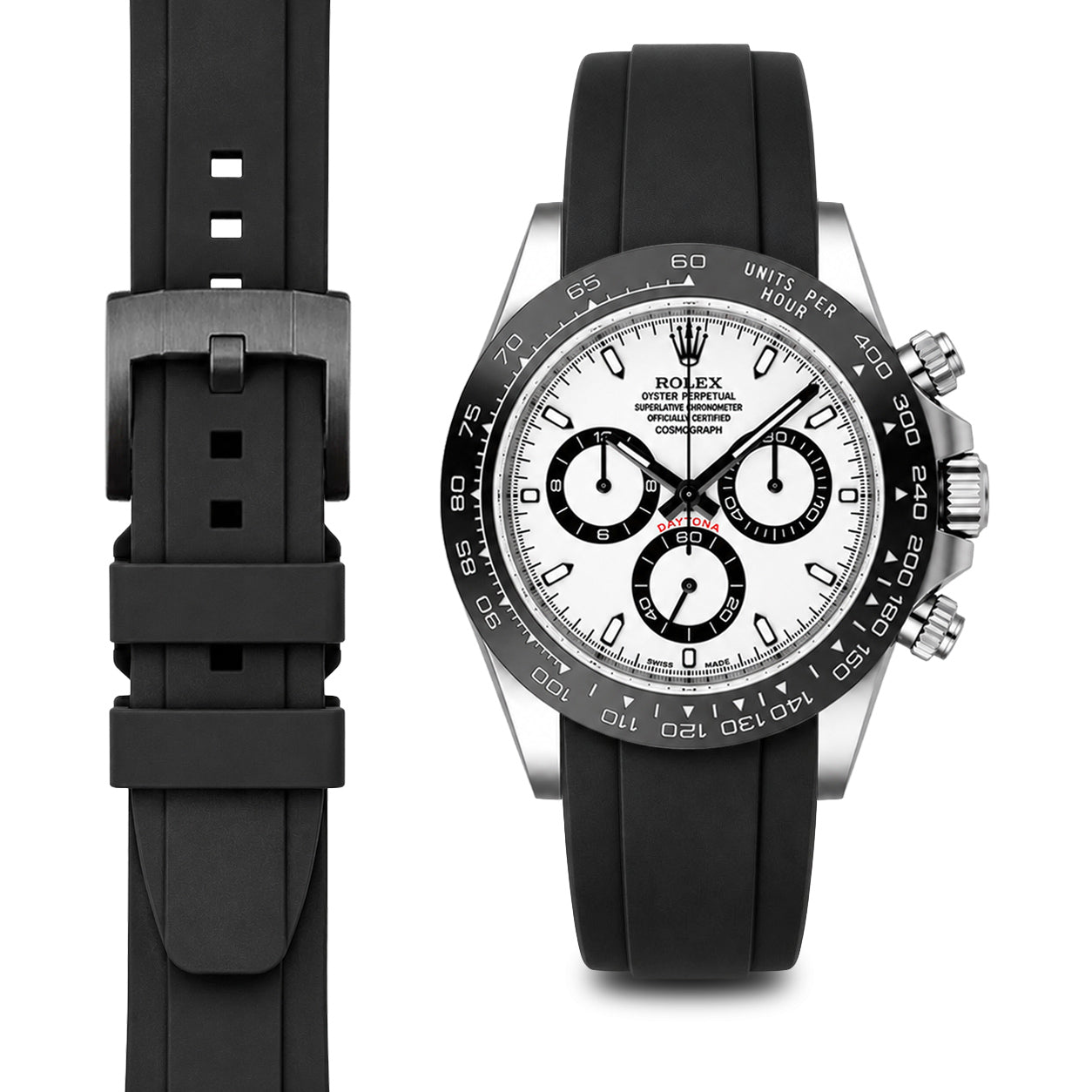 Curved End Rubber Strap for Rolex Ceramic Daytona with Tang Buckle
