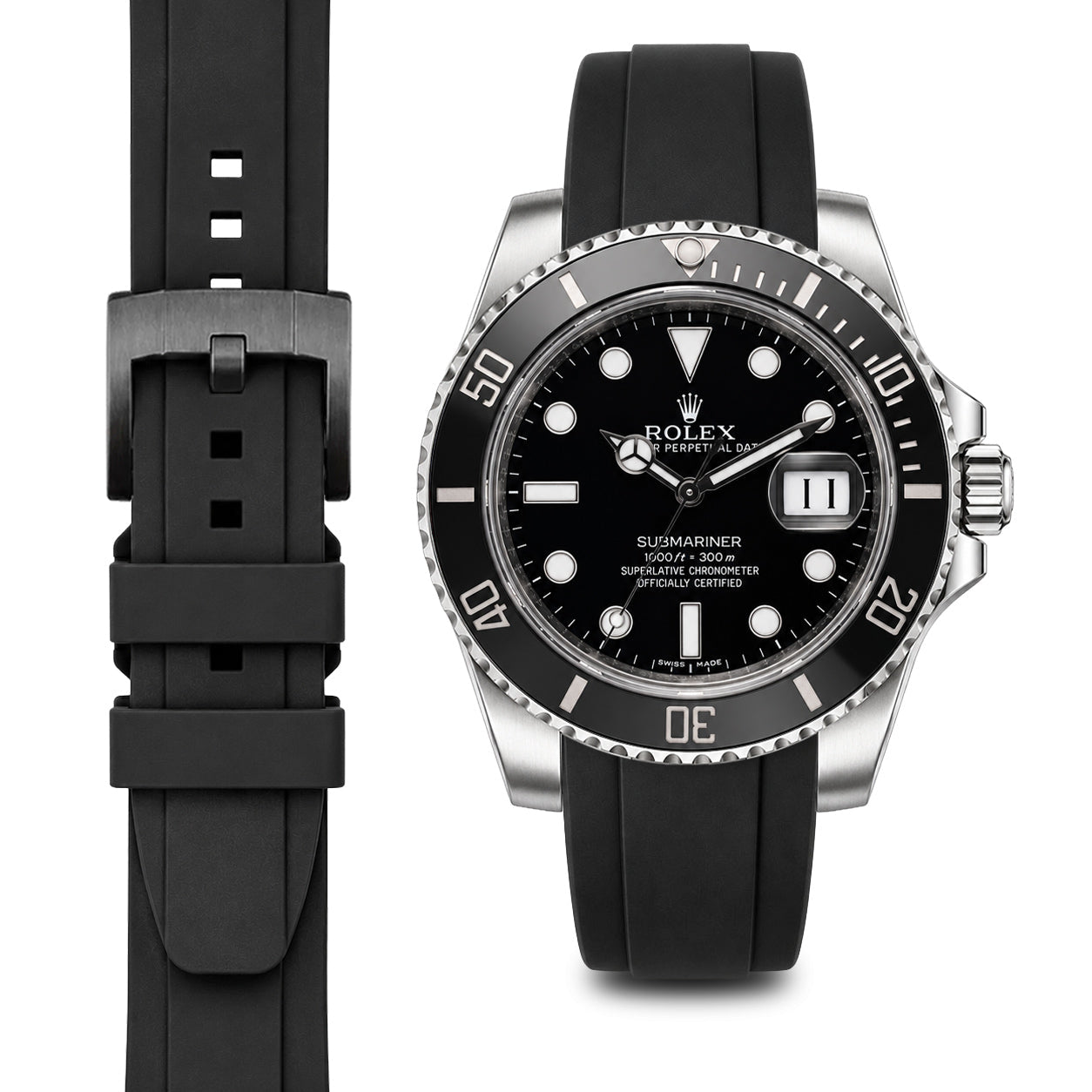 Curved End Rubber Strap for Rolex Submariner Ceramic with Tang Buckle
