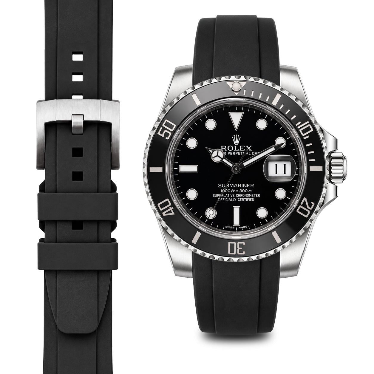 Curved End Rubber Strap for Rolex Submariner Ceramic with Tang Buckle