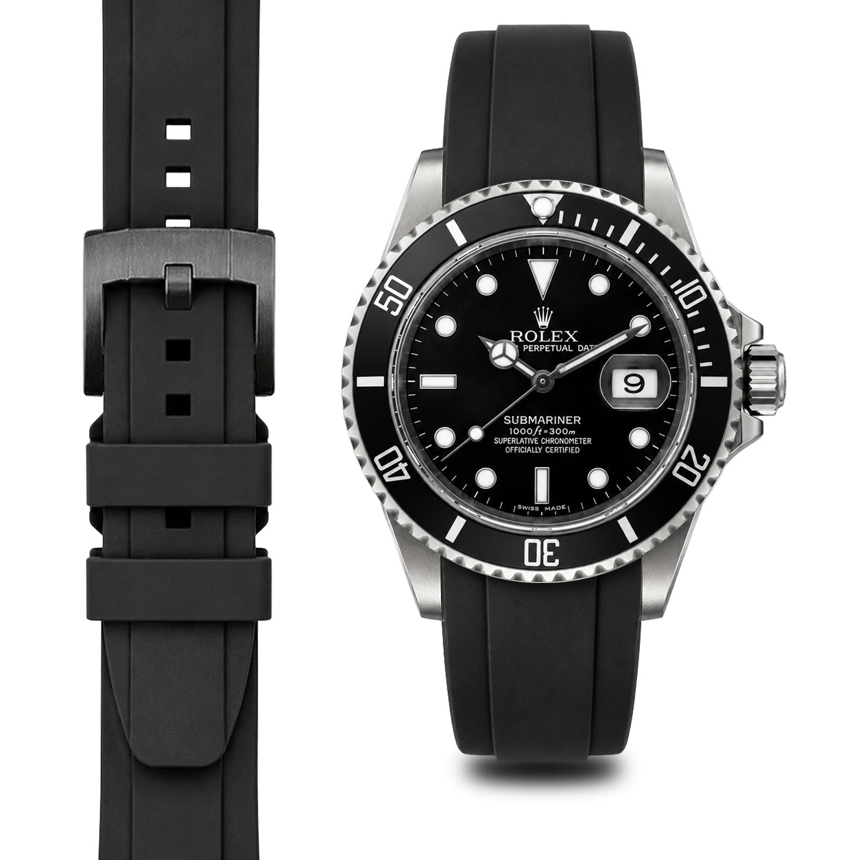 Curved End Rubber Strap for Rolex Submariner with Tang Buckle