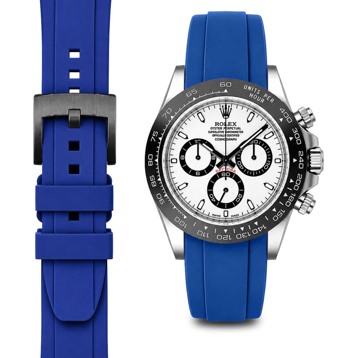 Curved End Rubber Strap for Rolex Ceramic Daytona with Tang Buckle