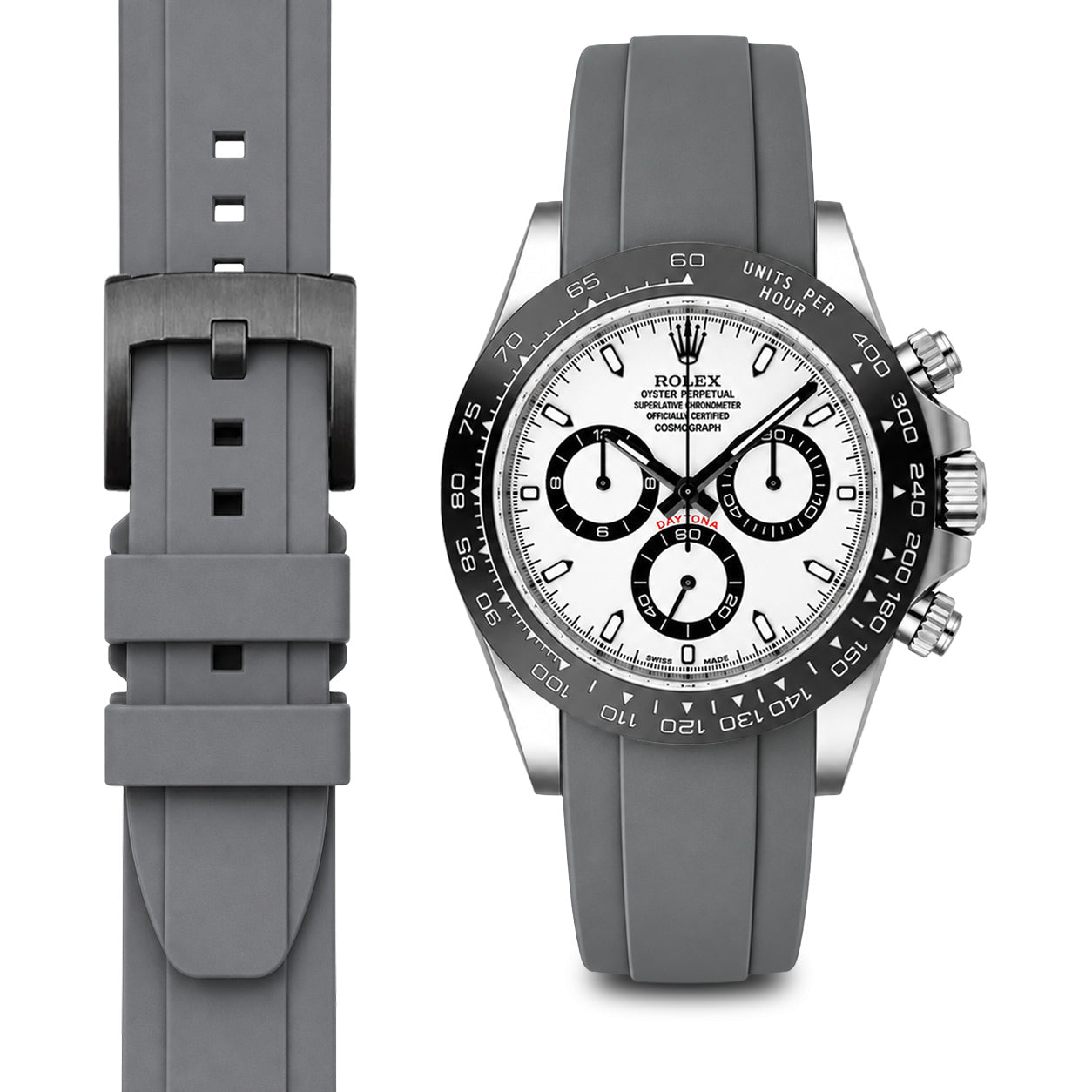 Curved End Rubber Strap for Rolex Ceramic Daytona with Tang Buckle
