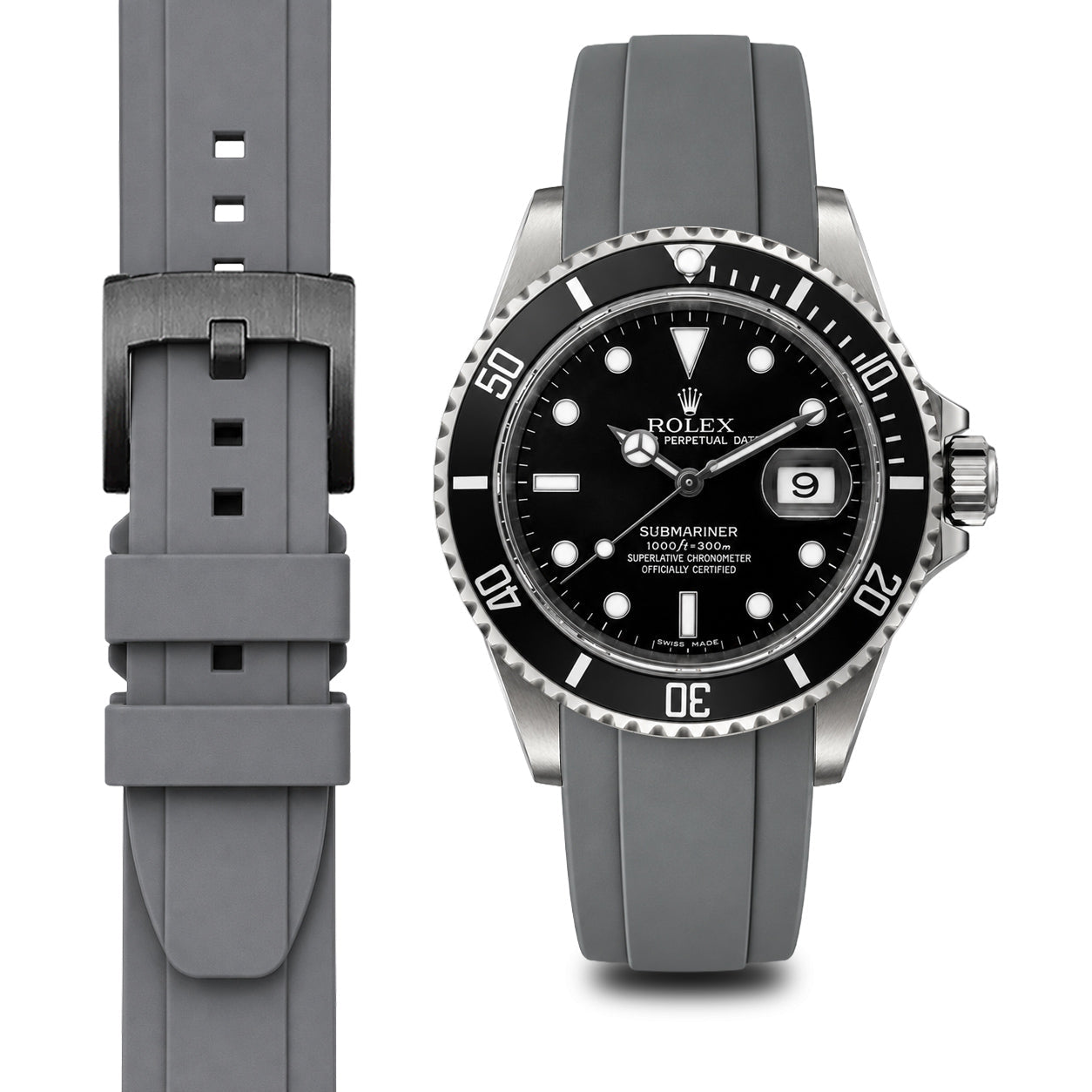 Curved End Rubber Strap for Rolex Submariner with Tang Buckle