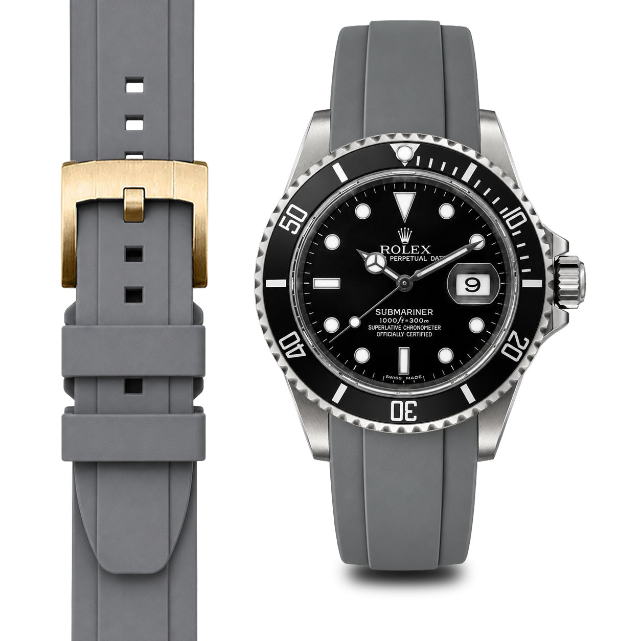 Curved End Rubber Strap for Rolex Submariner with Tang Buckle