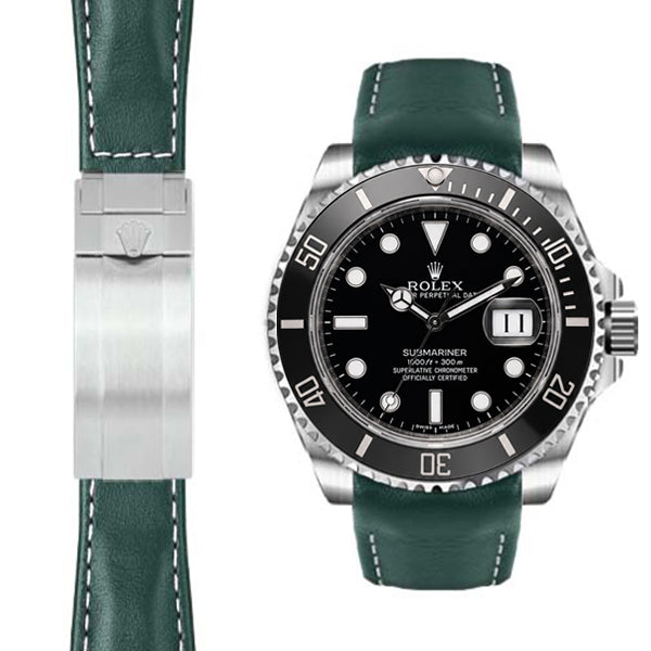 Curved End Leather Strap for Rolex Submariner Ceramic Deployant