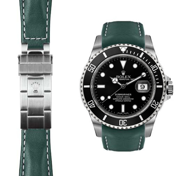 Curved End Leather Strap for Rolex Submariner Deployant