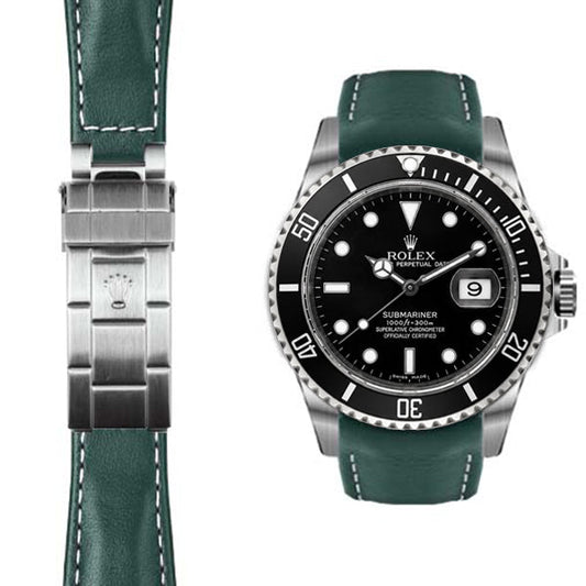 Curved End Leather Strap for Rolex Submariner Deployant