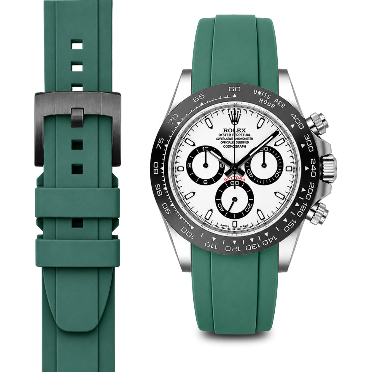 Curved End Rubber Strap for Rolex Ceramic Daytona with Tang Buckle