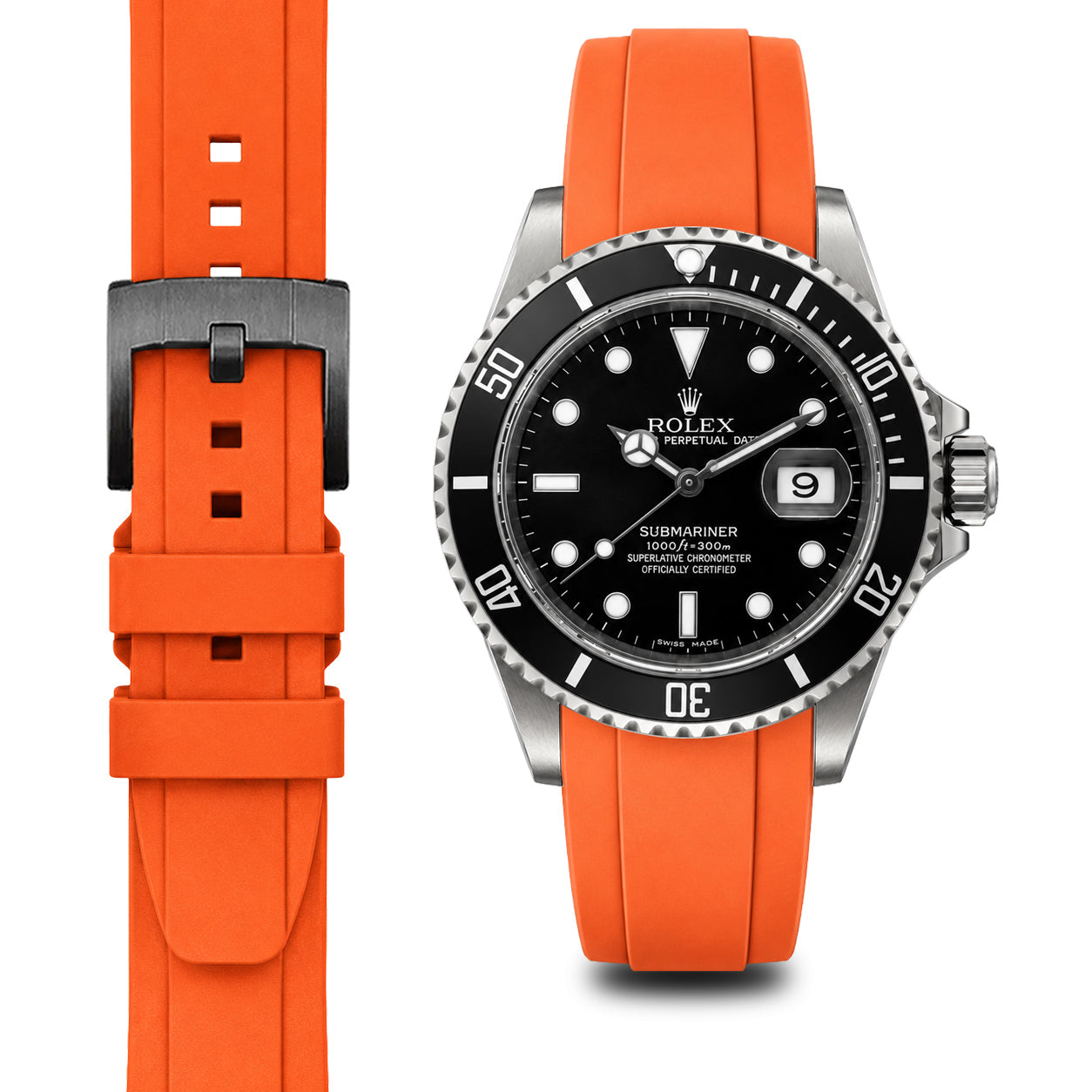 Curved End Rubber Strap for Rolex Submariner with Tang Buckle